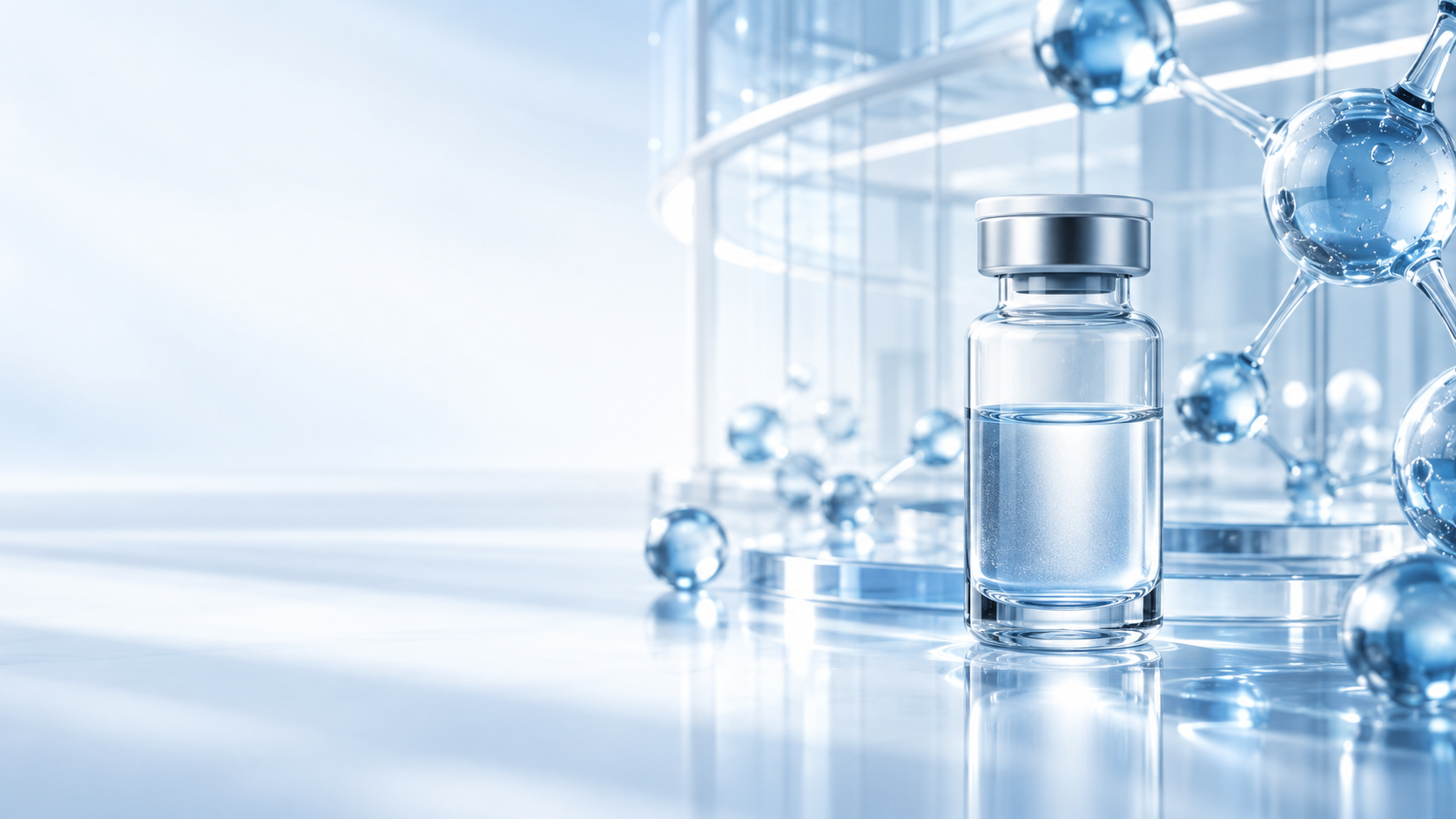 Clinical glass vial surrounded by molecular forms